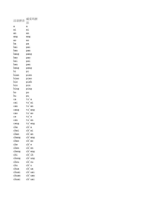 汉语拼音和威妥玛式拼法音节对照表