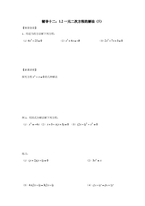 江苏省南京市溧水区孔镇中学九年级数学练习辅导十三:1.2一元二次方程的解法(5)(无答案)