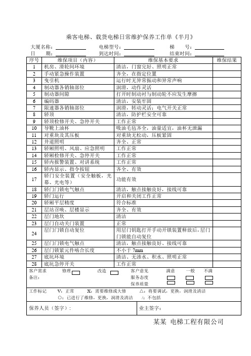 电梯日常维护保养工作单