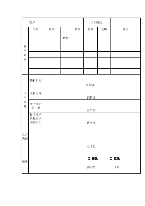 订单合同评审记录表(表格模板、doc格式)