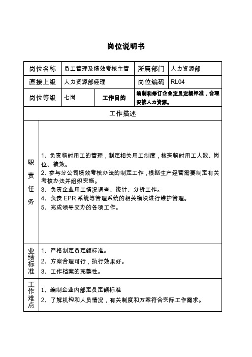 岗位说明书-rl0-员工管理及绩效考核主管