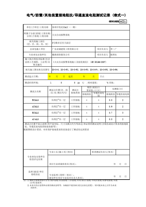 火灾自动报警系统4、电气、防雷、其他装置接地阻抗、导通直流电阻测试记录 (表式一) 