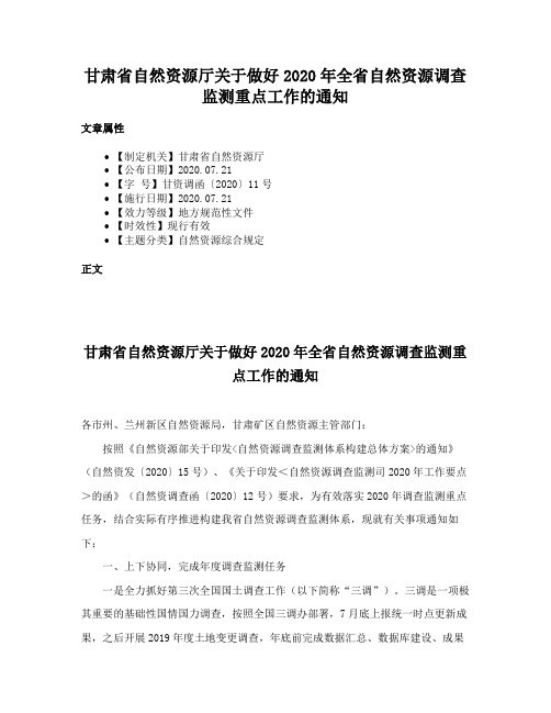 甘肃省自然资源厅关于做好2020年全省自然资源调查监测重点工作的通知