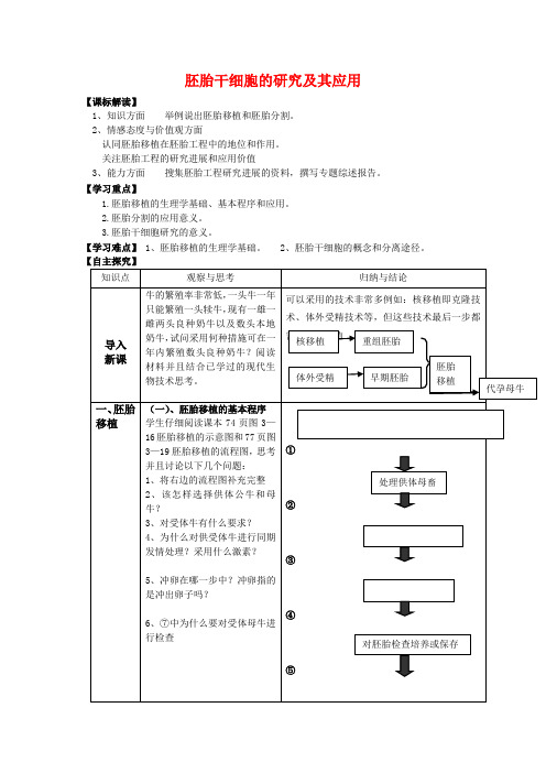 高中生物 32 胚胎干细胞的研究及其应用(学案)苏教版选修3