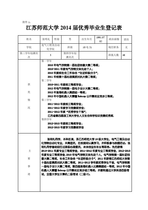 江苏师范大学2014届优秀毕业生登记表