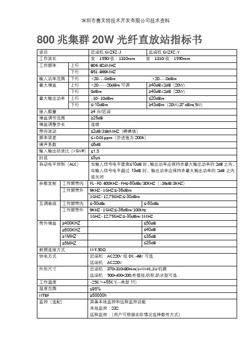 800兆集群20W光纤直放站指标书【模板】