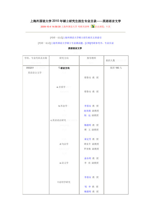 上海外国语大学2010年硕士研究生招生专业目录——英语语言文学