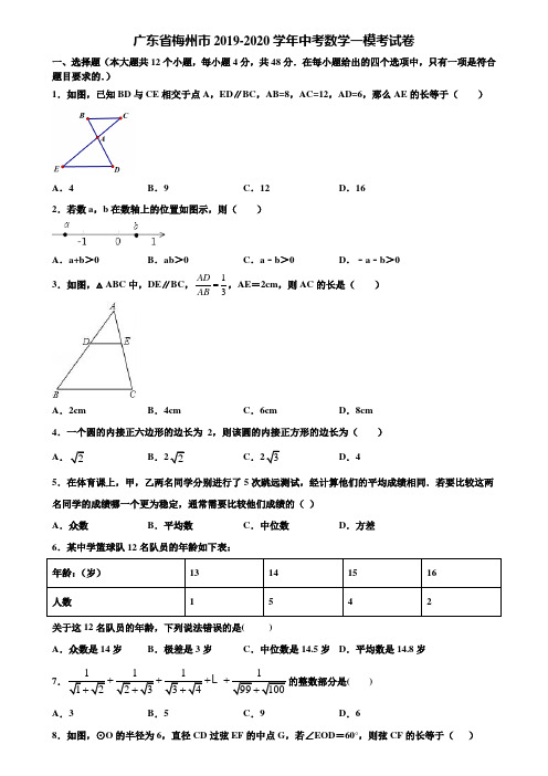 【附5套中考模拟试卷】广东省梅州市2019-2020学年中考数学一模考试卷含解析