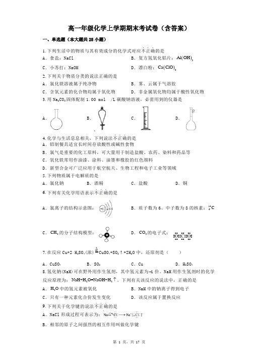 高一年级化学上学期期末考试卷(含答案)