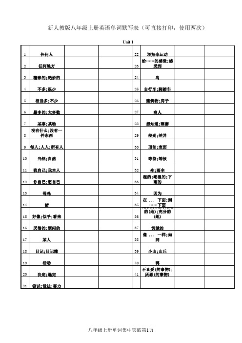 新版人教版八年级上册英语单词表 默写 全册 可直接打印 使用两次 