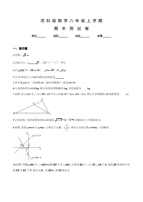 苏科版八年级上册数学《期末测试卷》及答案解析