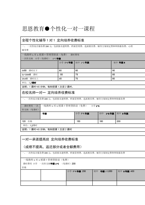 个性化一对一课程收费表及优惠