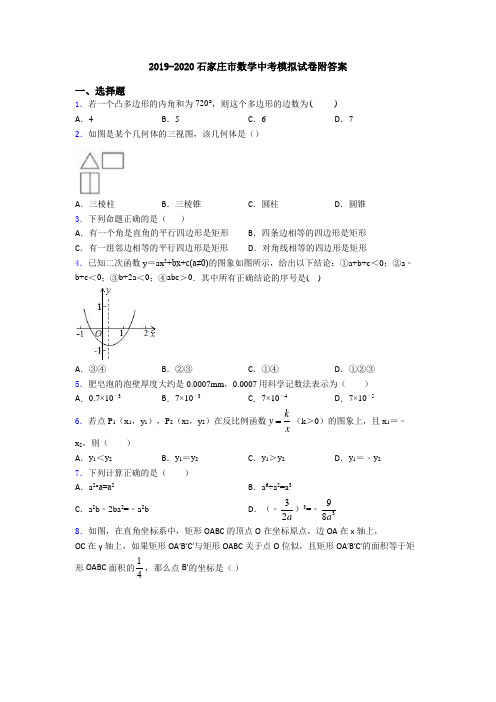 2019-2020石家庄市数学中考模拟试卷附答案