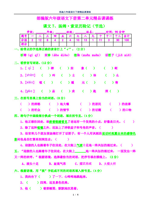 部编六年级语文下册课课练9--汤姆·索亚历险记(节选)及答案