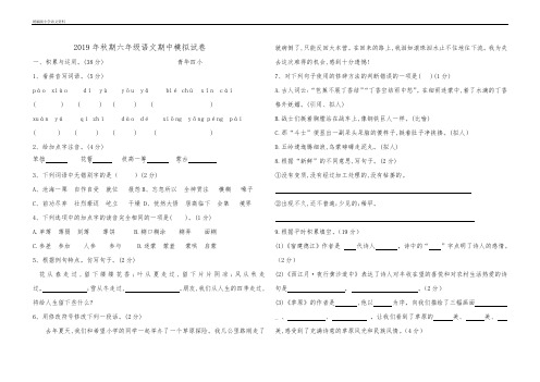 统编版(教育部审定)六年级上册语文试题-2019年秋期六年级语文期中模拟试卷   含答案