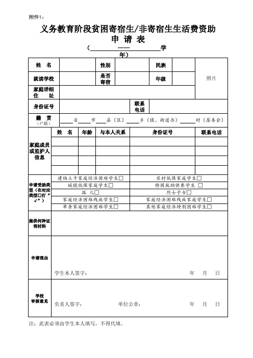 义务教育阶段家庭经济困难学生资助表领取表