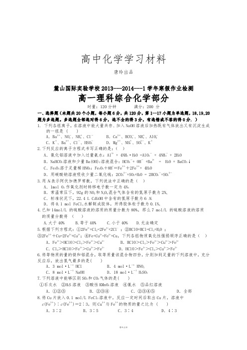 人教版高中化学必修一1寒假作业检测.docx