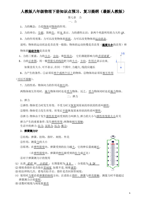 人教版八年级物理下册知识点预习、复习提纲