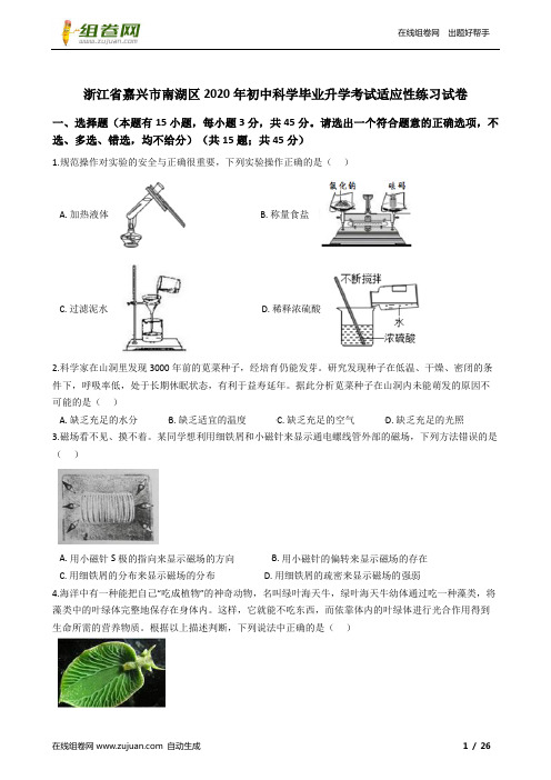 浙江省嘉兴市南湖区2020年初中科学毕业升学考试适应性练习试卷