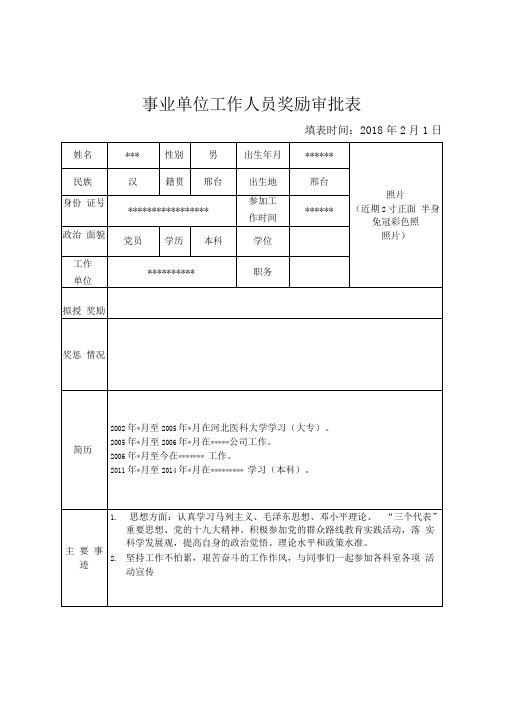 事业单位工作人员奖励审批表