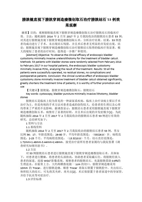 膀胱镜直视下膀胱穿刺造瘘微创取石治疗膀胱结石53例效果观察