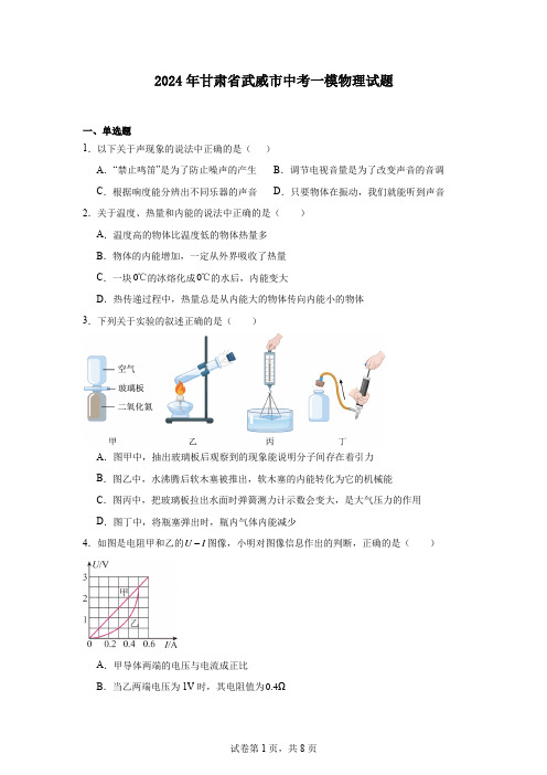 2024年甘肃省武威市中考一模物理试题