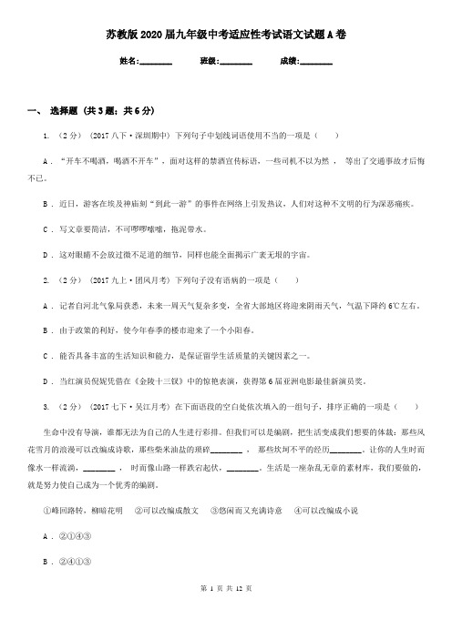 苏教版2020届九年级中考适应性考试语文试题A卷