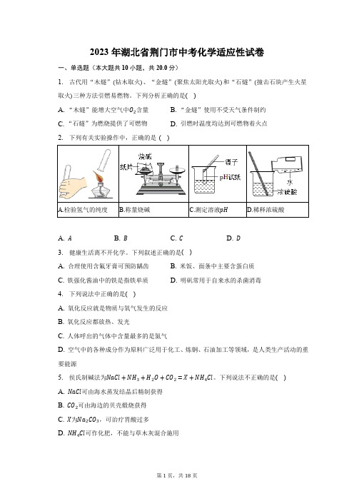 2023年湖北省荆门市中考化学适应性试卷(含解析)