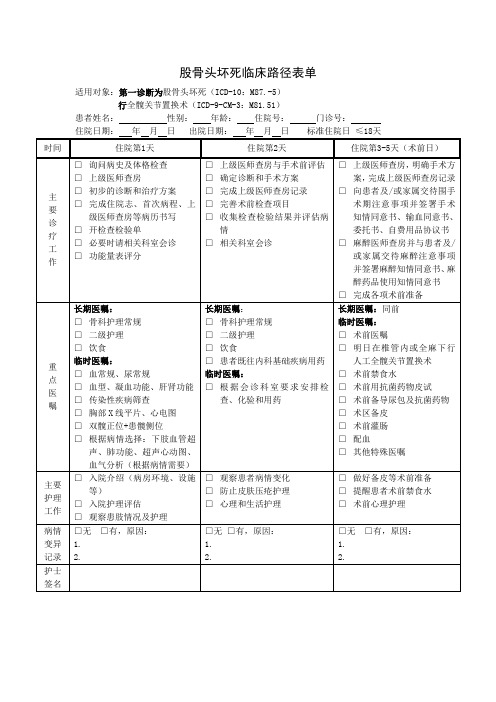 股骨头坏死临床路径表单