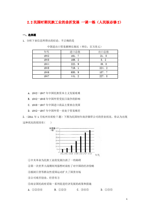 高考历史一轮复习2.2《民国年间民族工业的曲折发展》一课一练人民版必修2