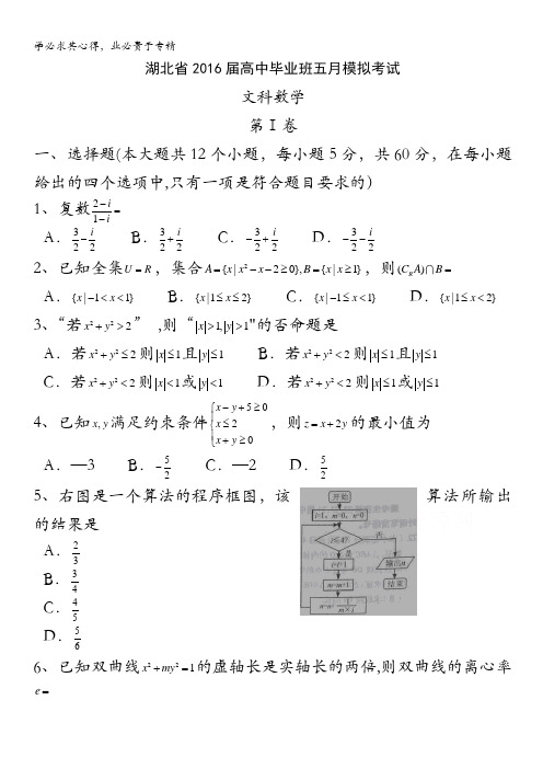 湖北省2016届高三下学期5月模拟考试 数学(文) 含答案bytian