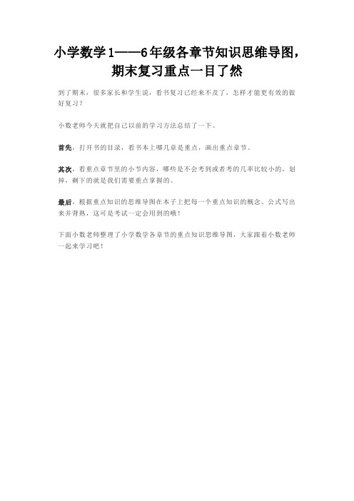 小学数学1——6年级各章节知识思维导图,期末复习重点一目了然