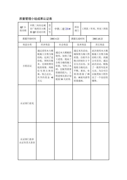 质量管理小组成果认证表