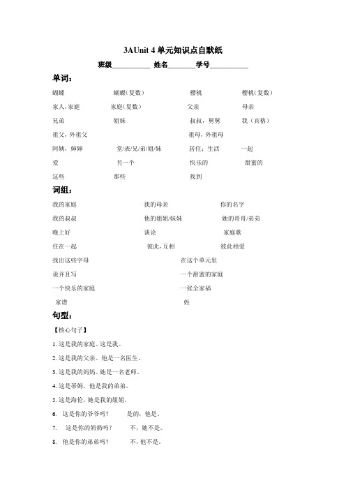 译林版三上英语3AUnit4 单元知识点自默纸