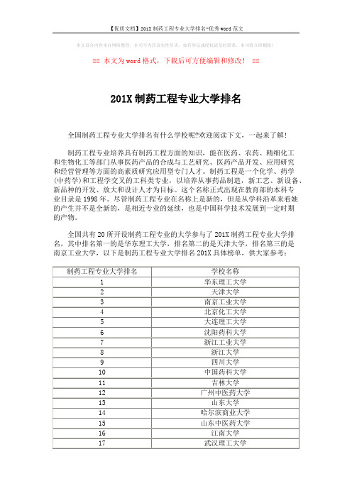 【优质文档】201X制药工程专业大学排名-优秀word范文 (2页)