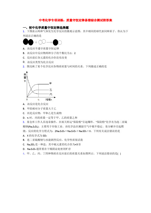 中考化学专项训练：质量守恒定律易错综合测试附答案