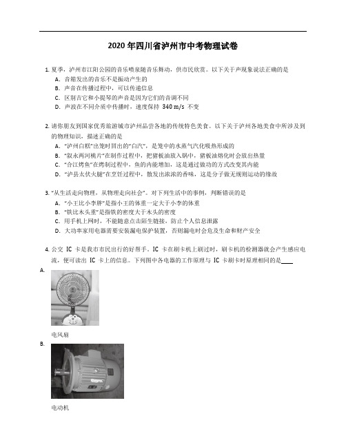 2020年四川省泸州市中考物理试卷(含答案)