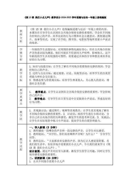 《第13课 我们小点儿声》教学设计-2024-2025学年道德与法治一年级上册统编版