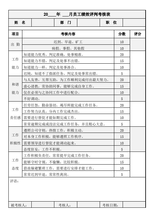 员工绩效考核表评价表