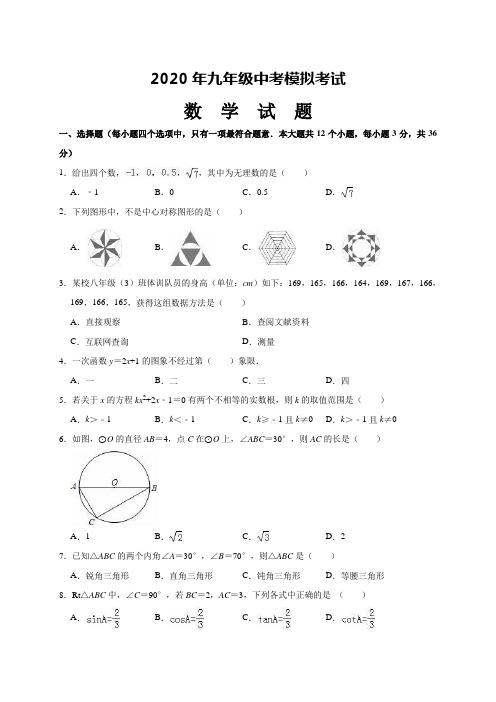 2020年初三数学中考模拟试题(带答案)