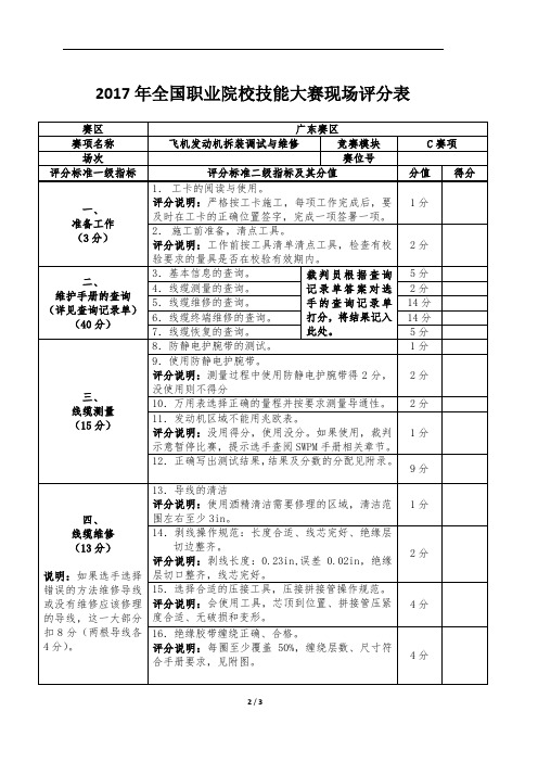 2017 技能大赛 拟设赛题 高职 飞机发动机拆装调试与维修 2017C赛项评分单