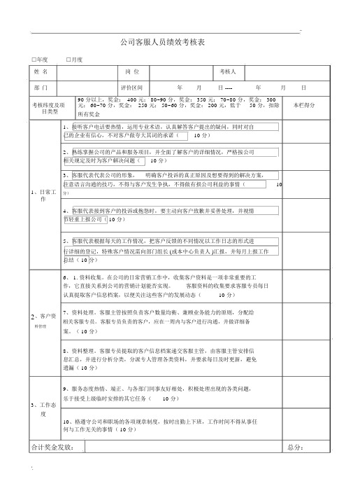 公司客服人员绩效考核表