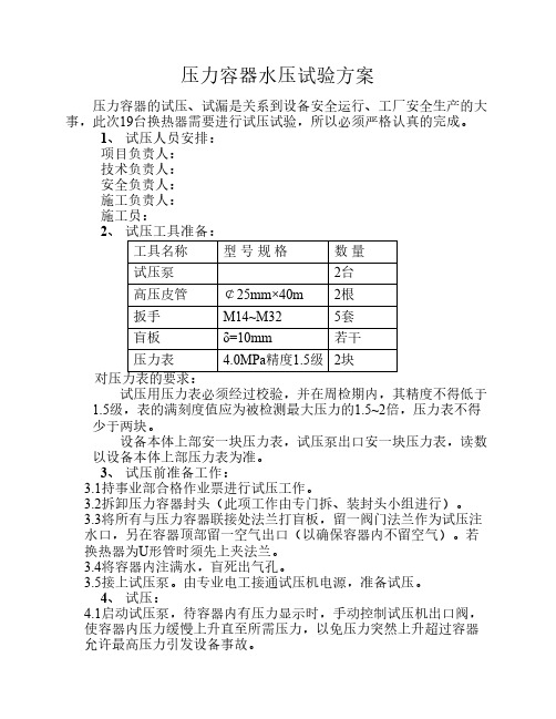 压力容器水压试验方案