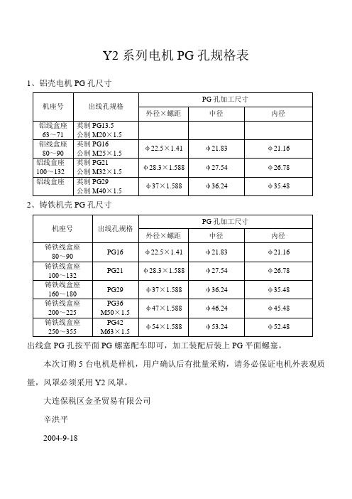 Y2系列电机PG孔规格表