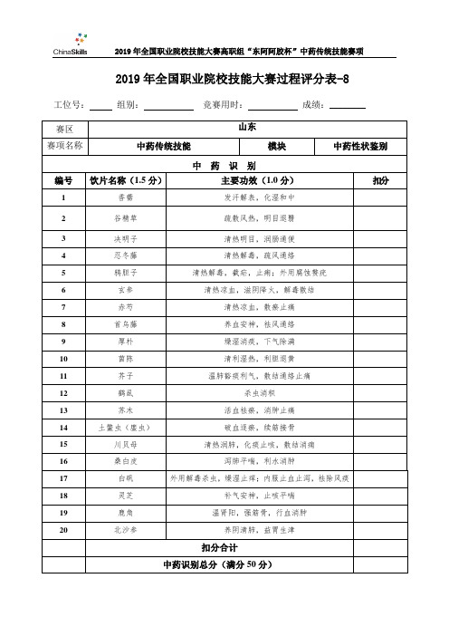 2019年全国职业院校技能大赛“东阿阿胶杯”中药传统技能赛项中药性状鉴别--识别与功效样题-8-答案