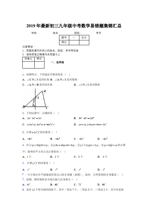 2019年最新初三九年级中考数学易错题集锦汇总199712