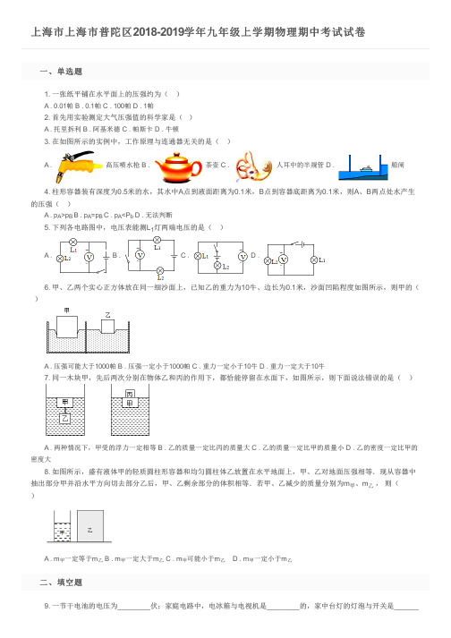 上海市上海市普陀区2018-2019学年九年级上学期物理期中考试试卷及参考答案