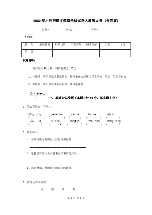 2020年小升初语文模拟考试试卷人教版A卷 (含答案)