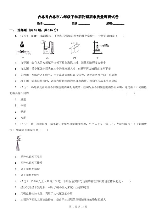 吉林省吉林市八年级下学期物理期末质量调研试卷