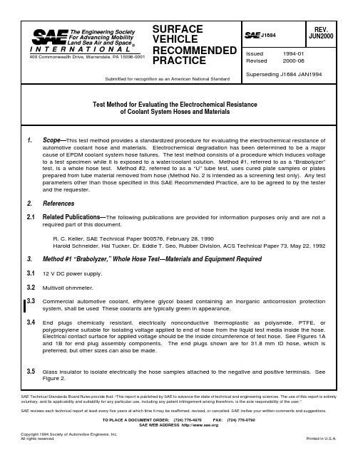 SAE J1684-2000 Test Method for Evaluating the Electrochemical Resistance of Coolant System Hoses and